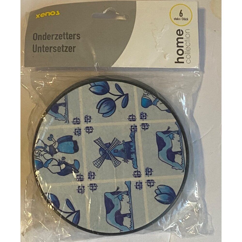 Xenos Home Collection 6-Piece Cork & Ceramic Coasters‎ Dutch Windmill Design NEW